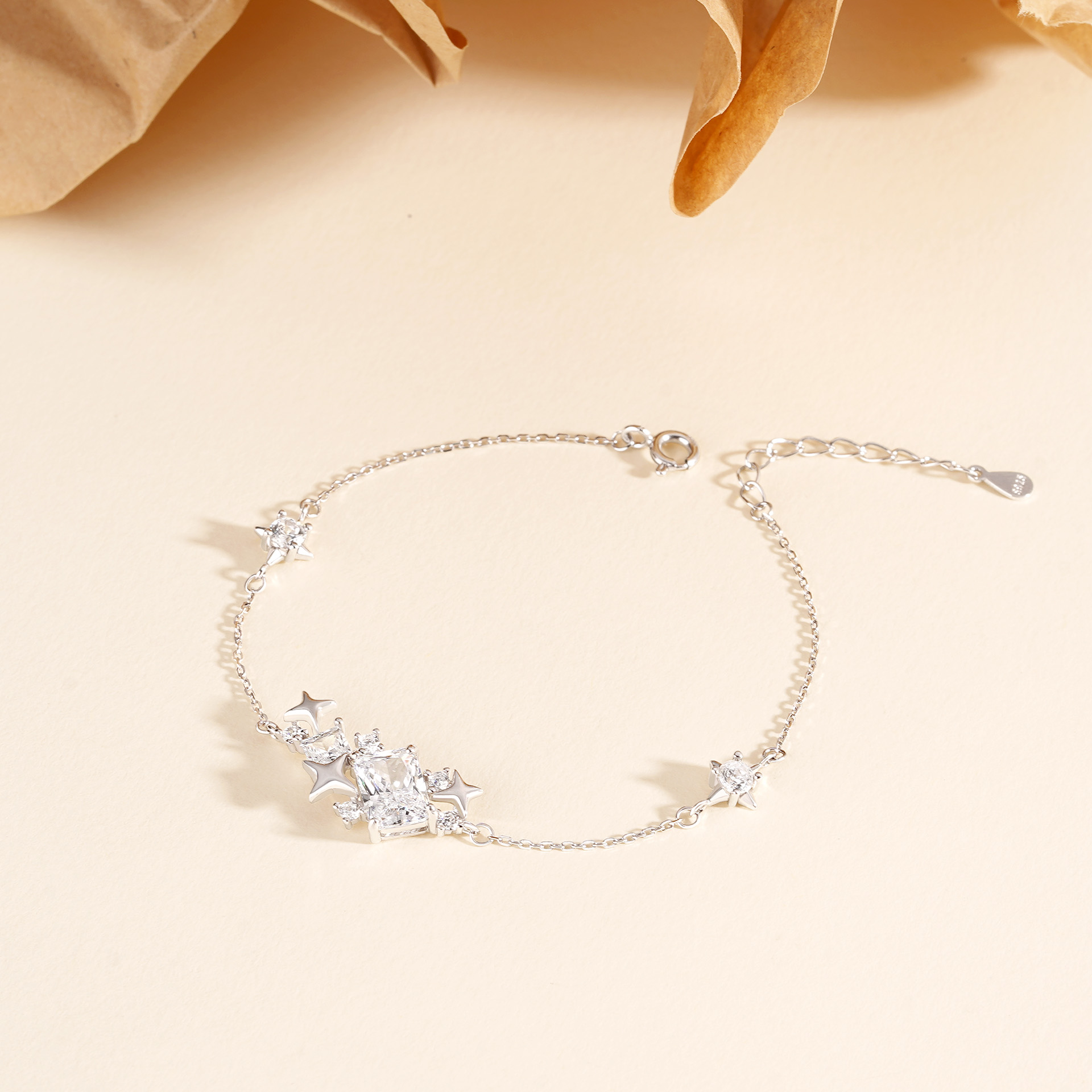 Square zircon 925 sterling silver star bracelet