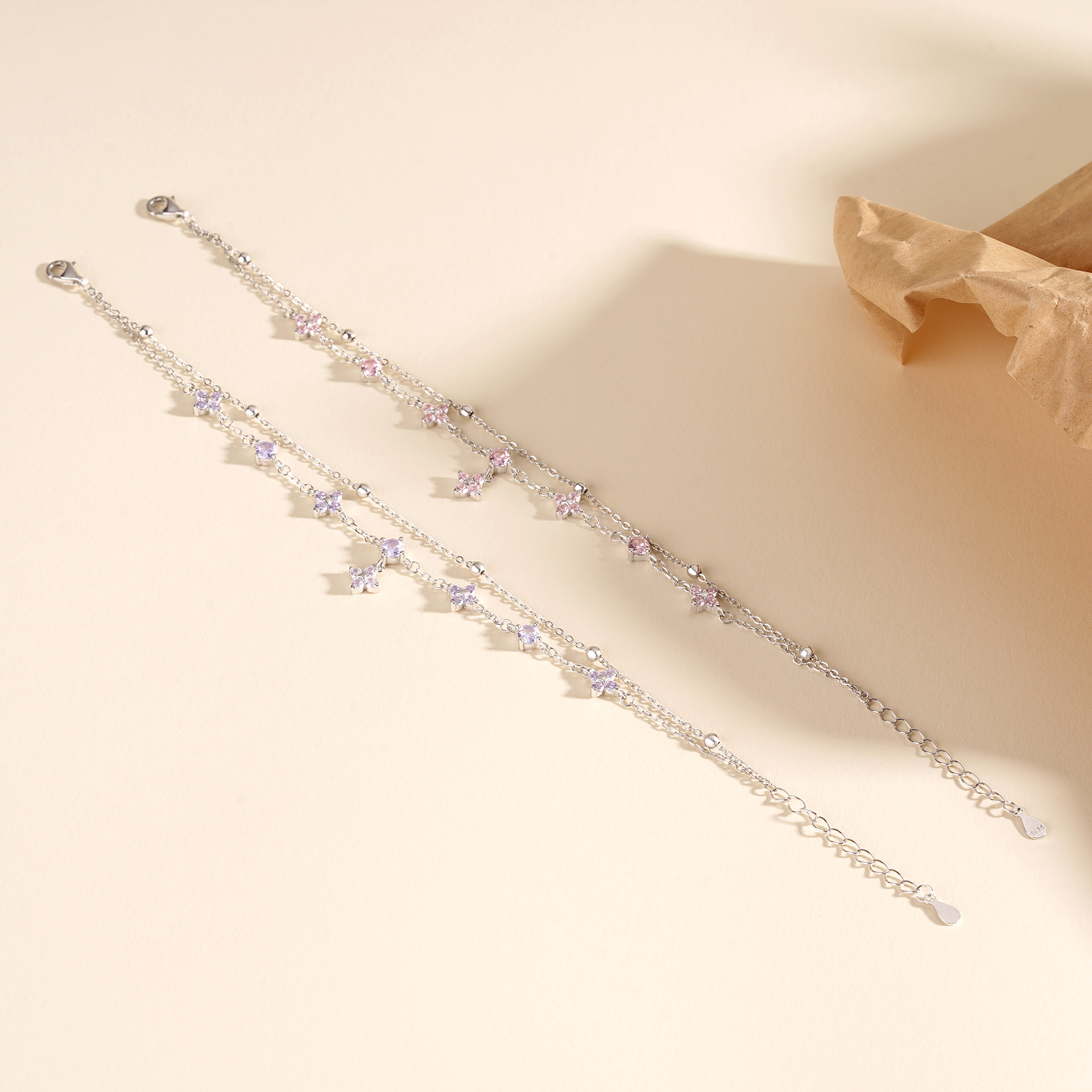 925 Sterling Silver Four-Leaf Clover Double-Layer Bracelet