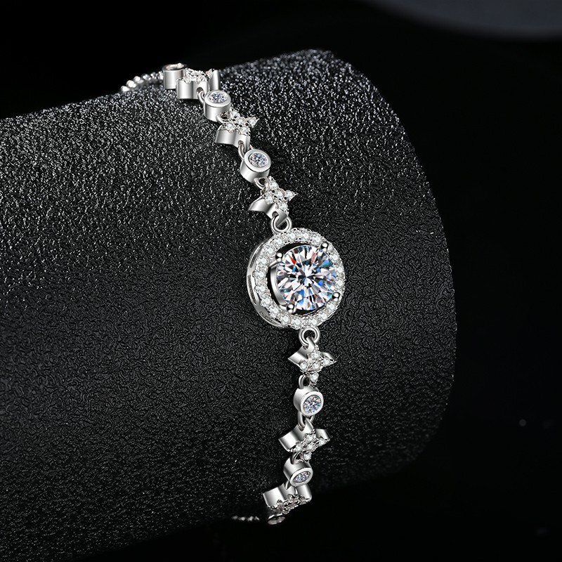 S925 Sterling Silver Moissanite "Star and Moon" Bracelet (Round Bezel Setting)