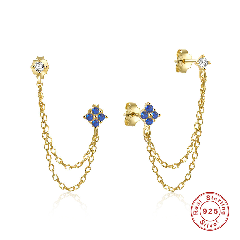 S925 Sterling Silver Chain Tassel Earrings with Zirconia Studs