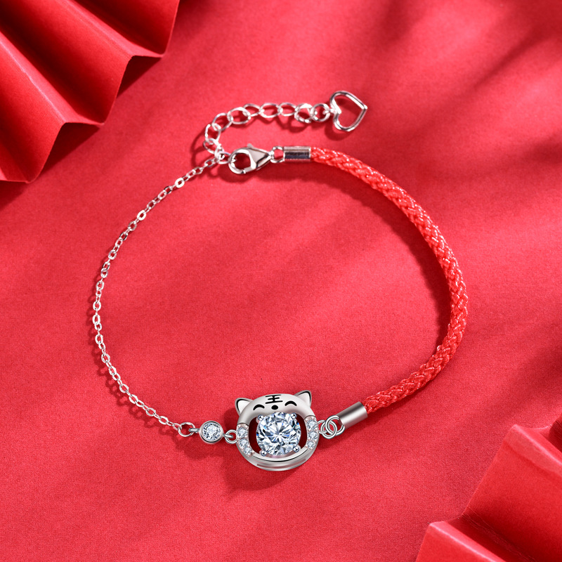 925 Sterling Silver Moissanite Tiger Red String Bracelet