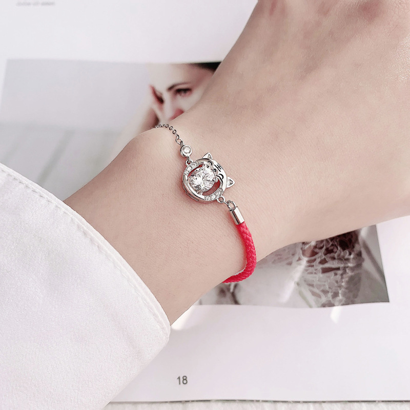 925 Sterling Silver Moissanite Tiger Red String Bracelet
