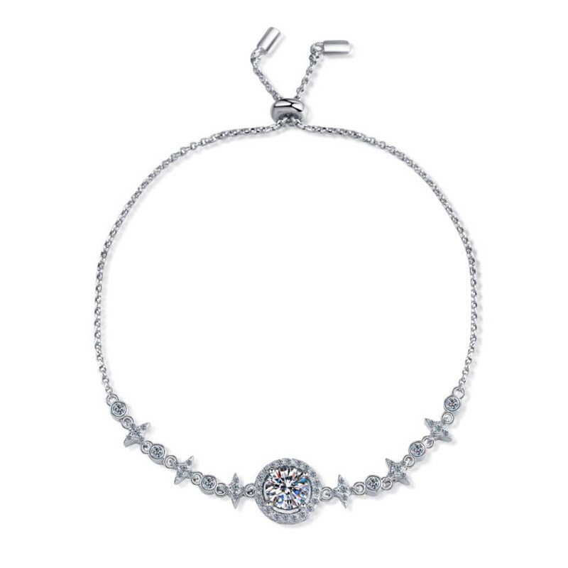 S925 Sterling Silver Moissanite "Star and Moon" Bracelet (Round Bezel Setting)