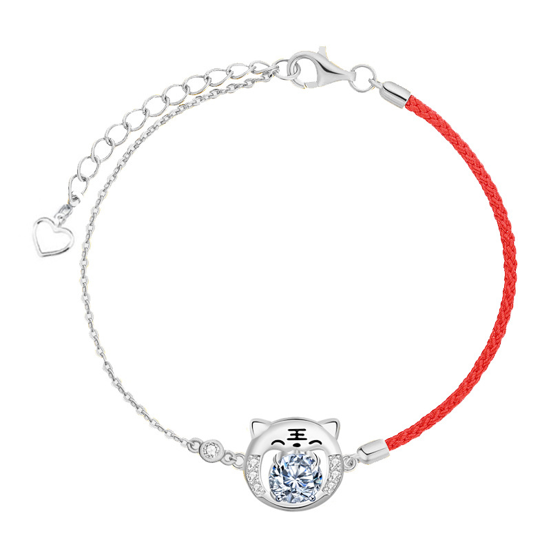 925 Sterling Silver Moissanite Tiger Red String Bracelet
