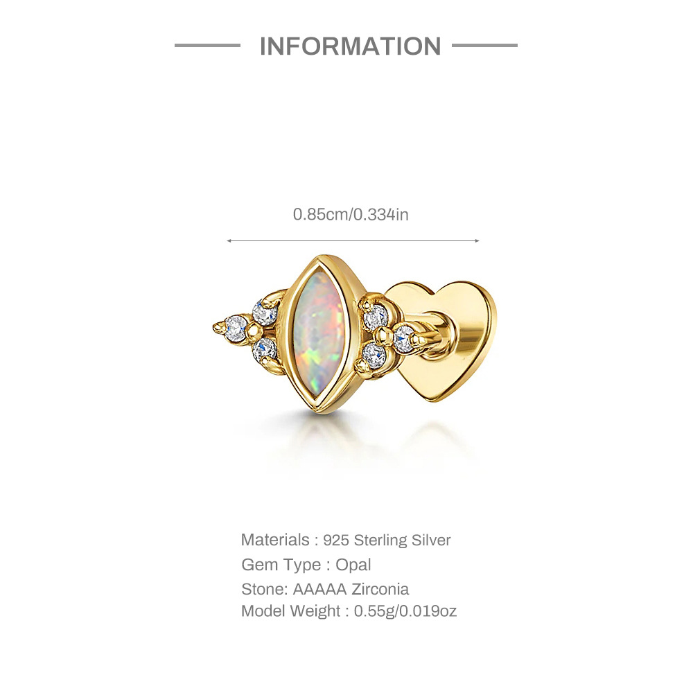 S925 Sterling Silver Heart-Shaped Stud Earrings with Marquise-Cut Zirconia and Flat-Back Threaded Posts