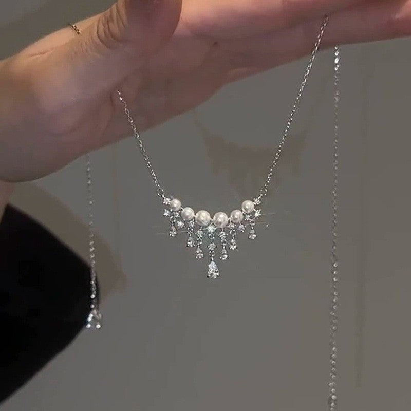 S925 pure silver artificial pearl pendant necklace