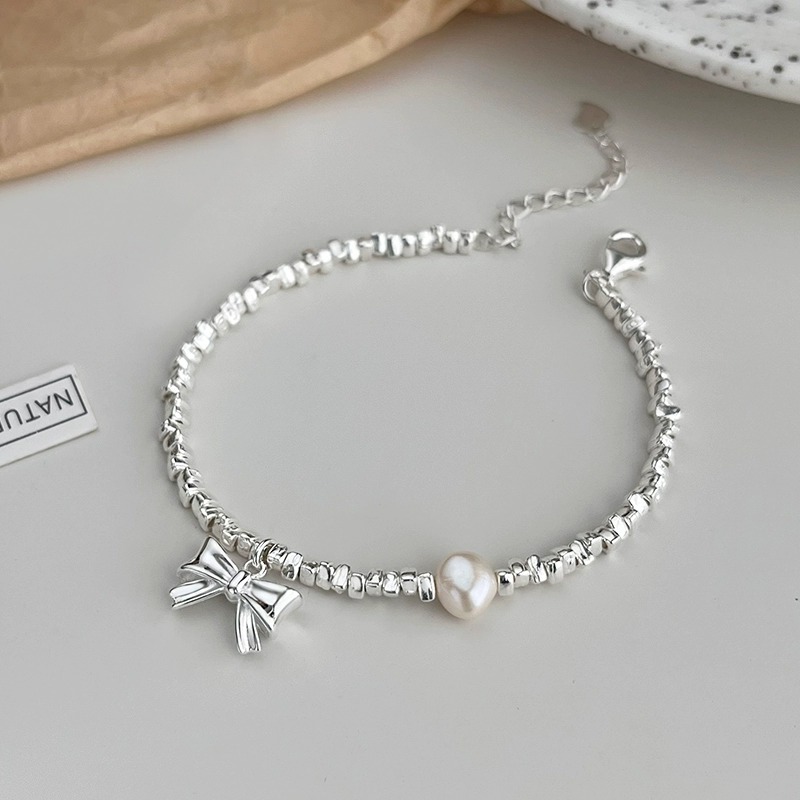 925 sterling silver bow pendant bracelet - silvery