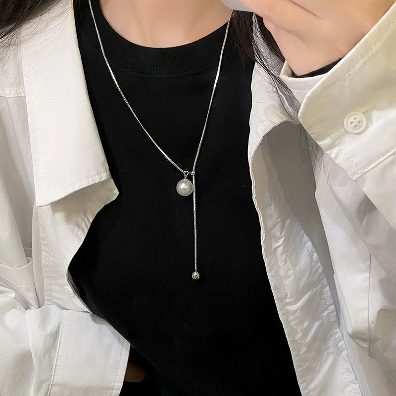 925 sterling silver pearl pendant long necklace - silvery