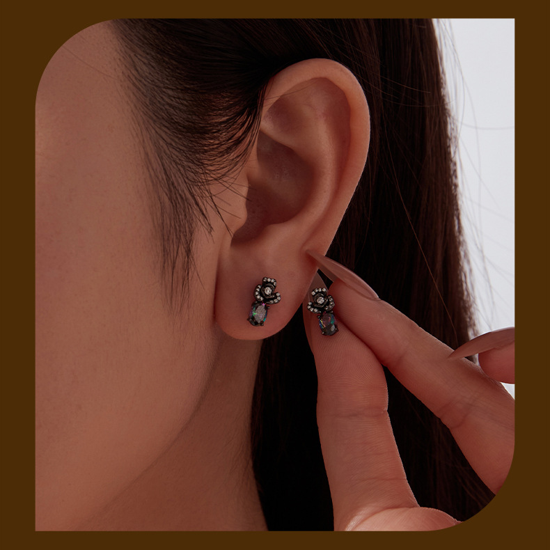 S925 Silver Halloween Dark Night Black Rose Stud Earrings