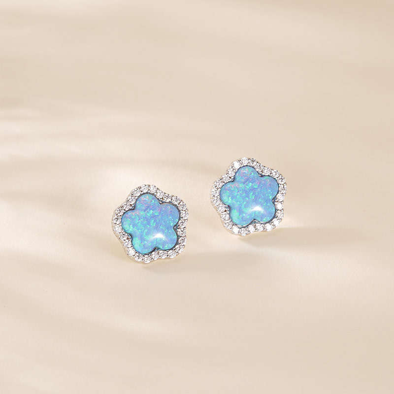 925 Sterling Silver Floral Stud Earrings with Opal and Zirconia