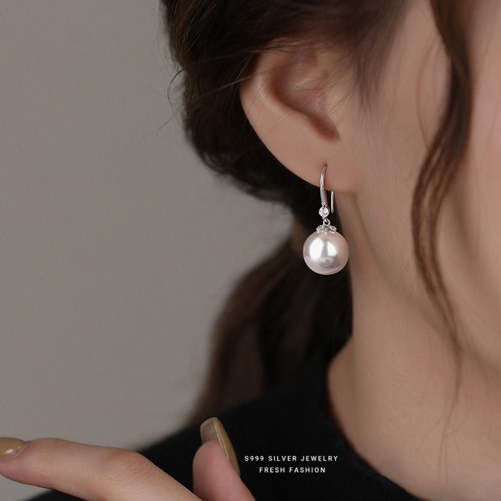 S999 Pure Silver Pearl Drop Earrings with Zirconia