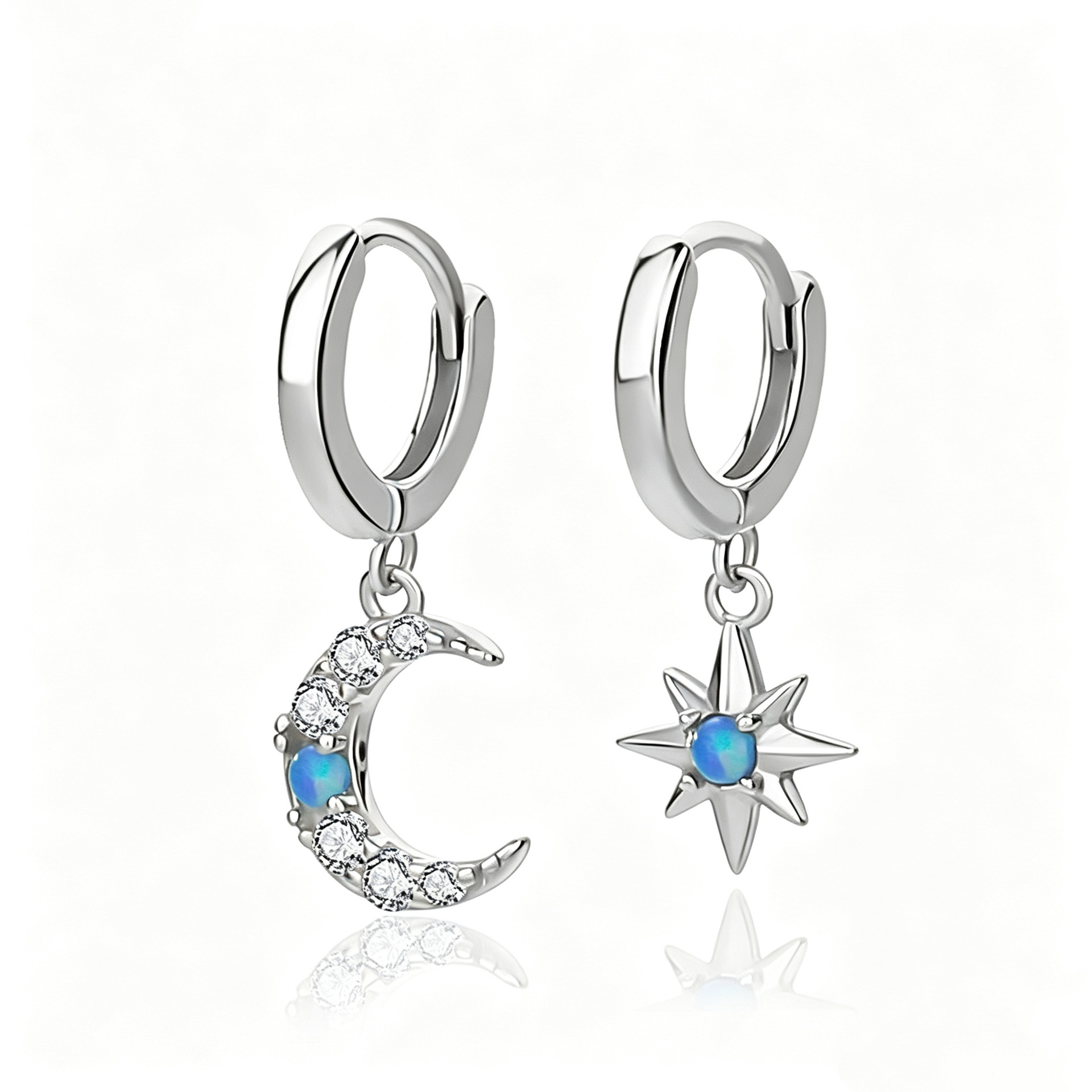 S925 Sterling Silver Star & Moon Opal and Zircon Earrings