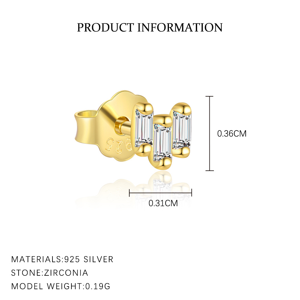 S925 Sterling Silver Geometric Square Zircon Stud Earrings