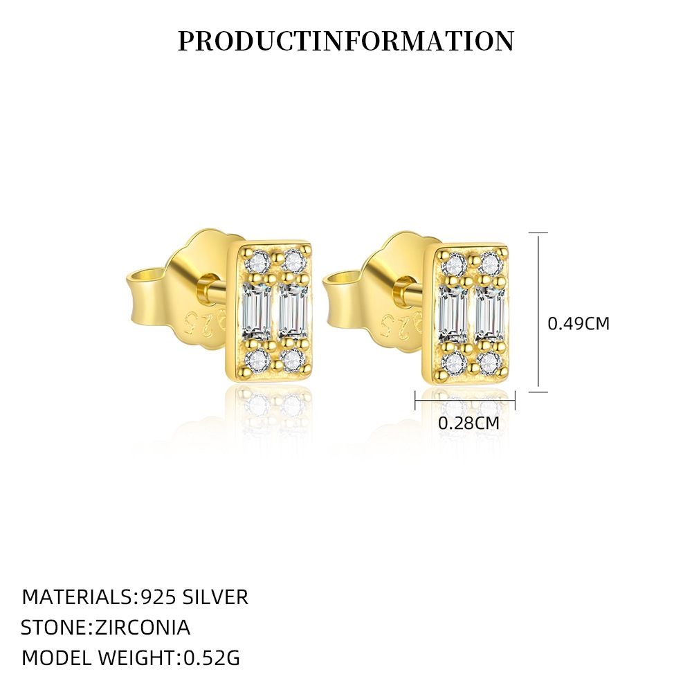 S925 Sterling Silver Small Square Cubic Zirconia Stud Earrings
