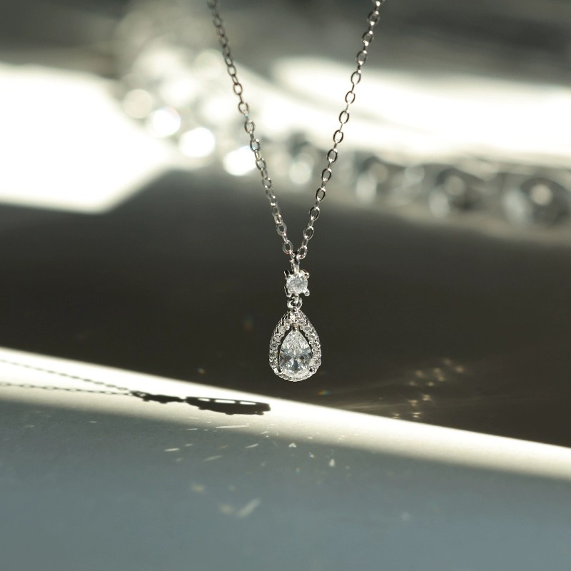  925 sterling silver water drop zircon pendant necklace - silvery