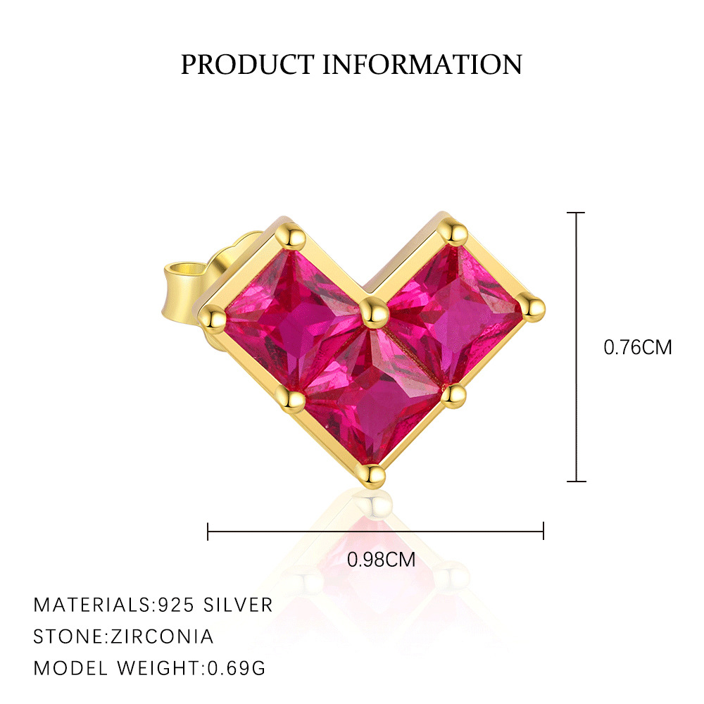 S925 Sterling Silver Heart-Shaped Red Zircon Stud Earrings