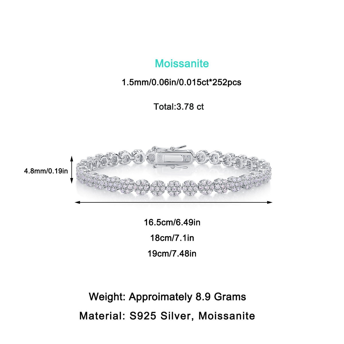 S925 Silver Moissanite Row Bracelet
