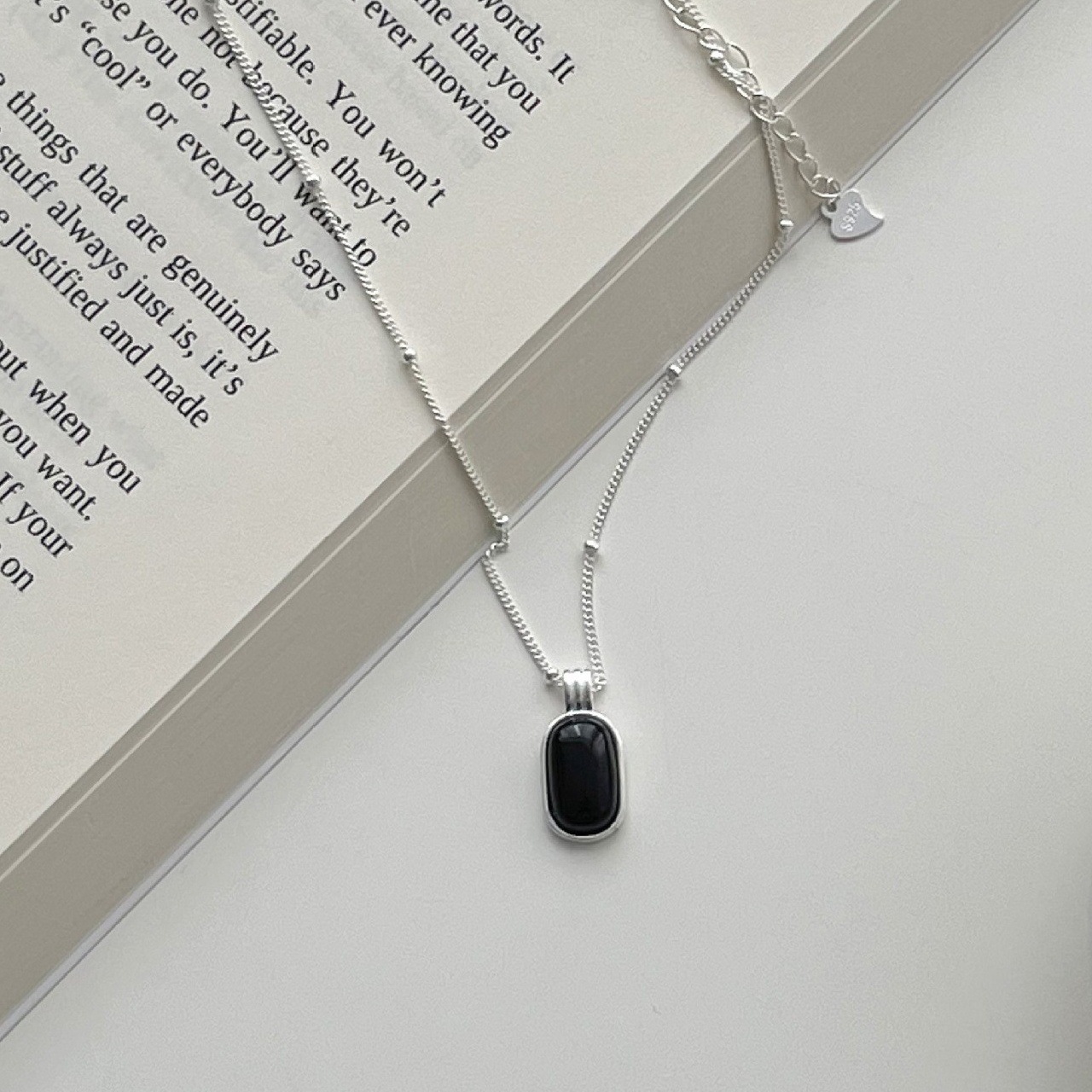 925 sterling silver black agate pendant necklace - silvery