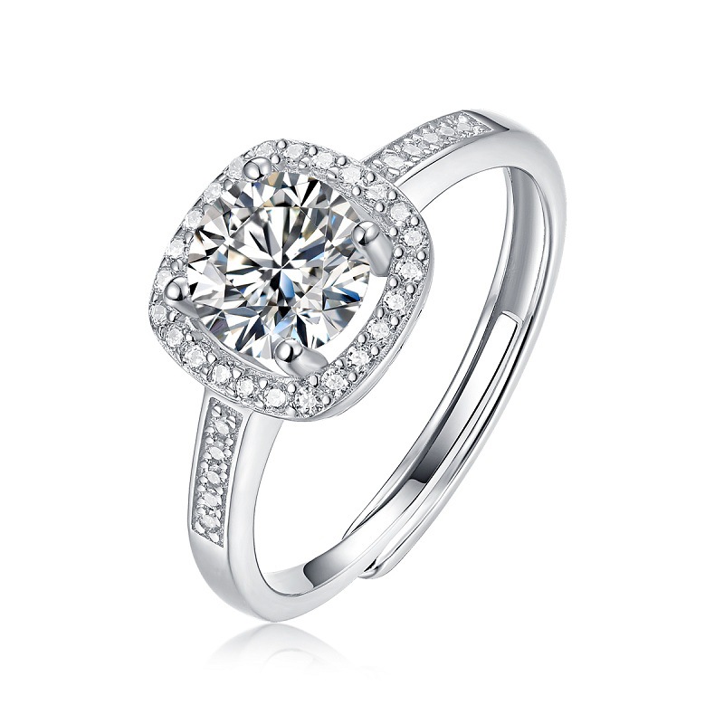 S925 Silver Small Square Ring with Moissanite Halo Setting