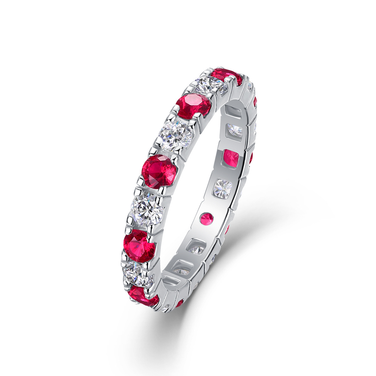 S925 Sterling Silver Ring with Green, Blue, and Red Gemstones and Moissanite