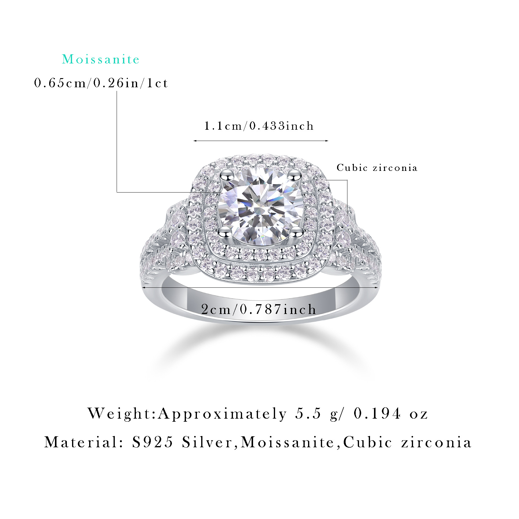 S925 Silver Moissanite Ring with Elaborate Setting