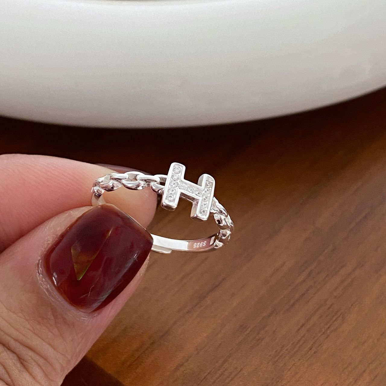 925 sterling silver H-letter open ring - silvery