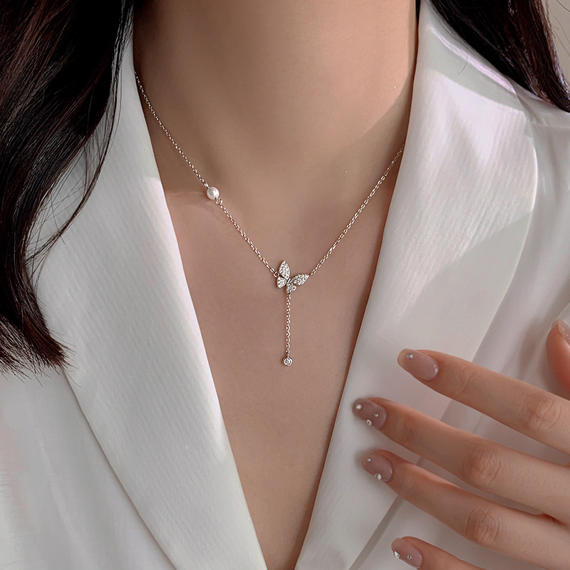  925 sterling silver butterfly tassel pendant necklace