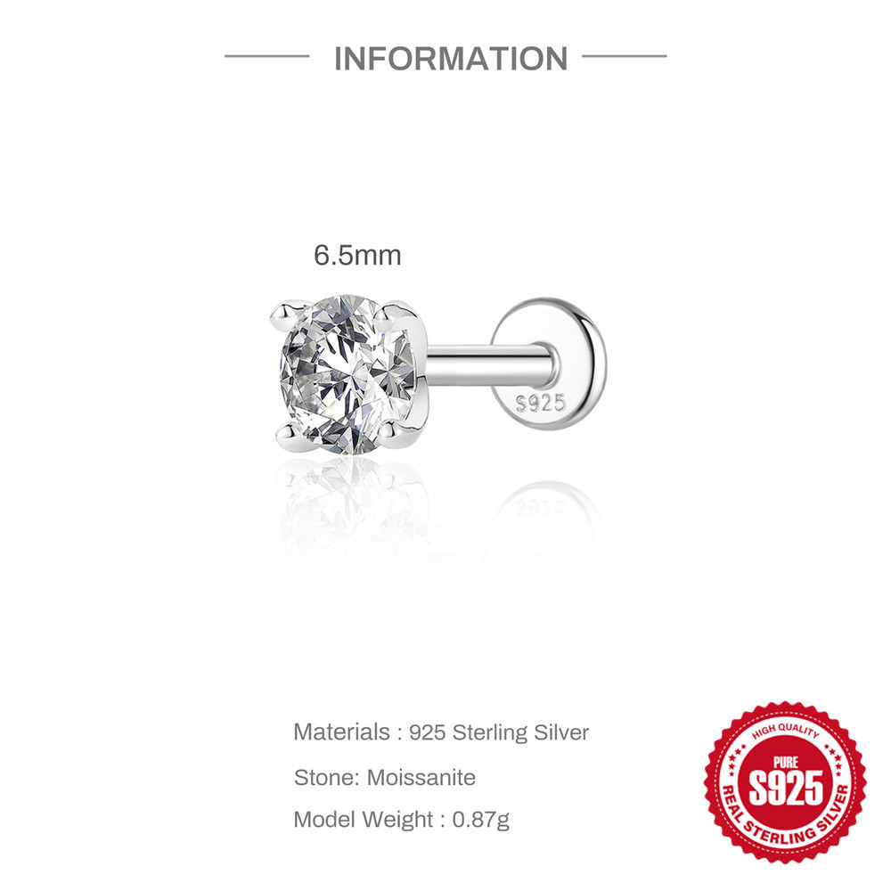S925 Sterling Silver 4-Prong Flat-Back Moissanite Stud Earring