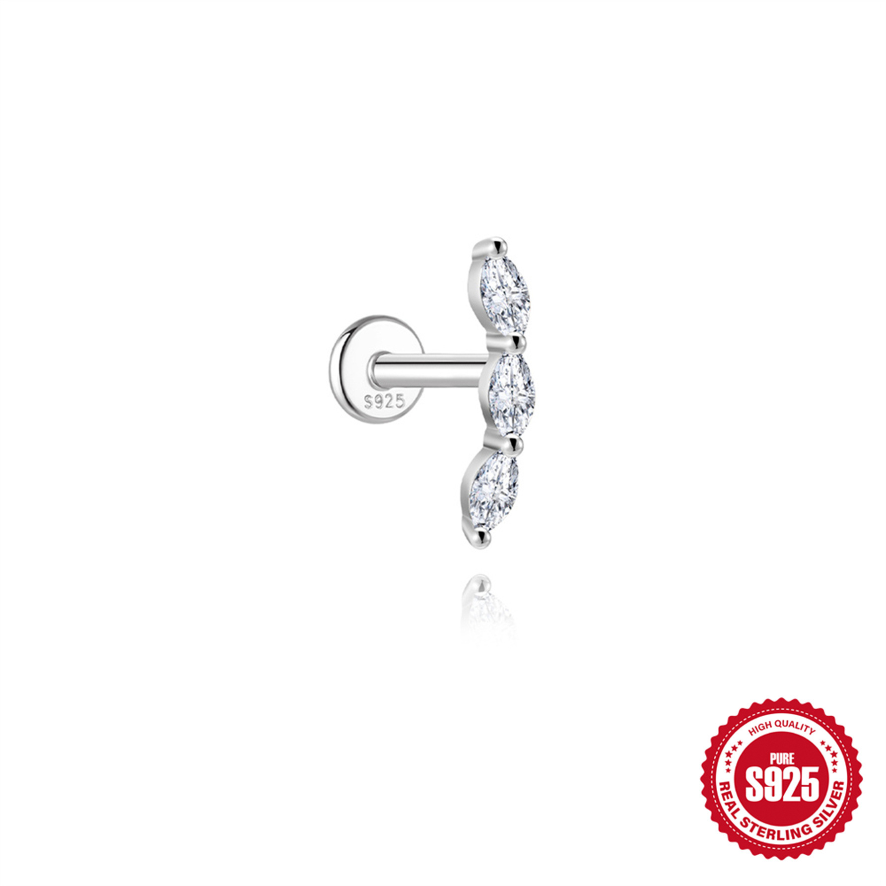 S925 Sterling Silver Moissanite Flat-Back Threaded Cartilage Stud(Single unit)