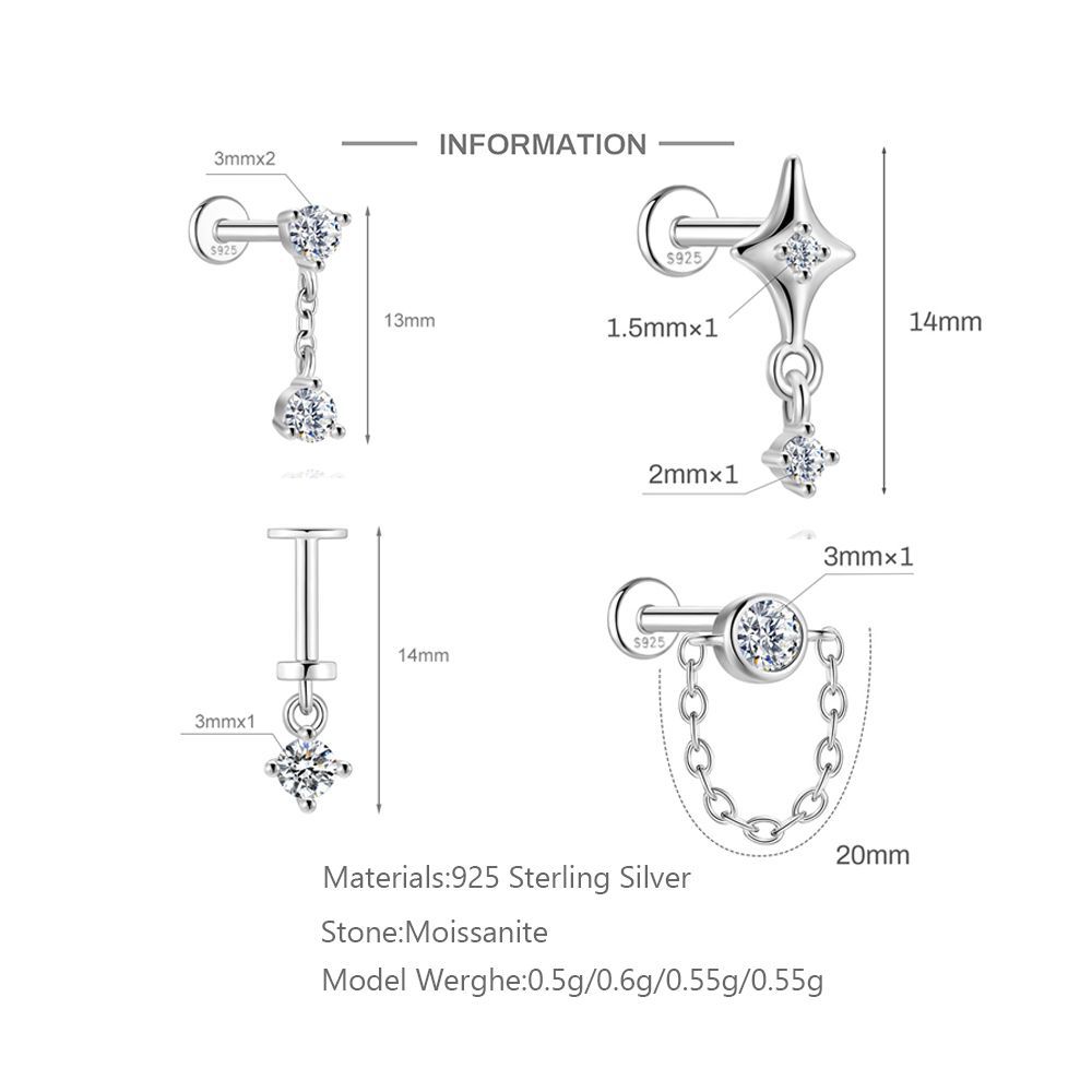S925 Sterling Silver Moissanite 16G Cartilage Stud(Single unit)