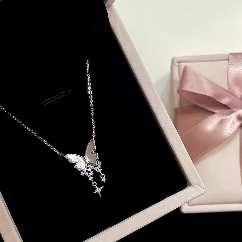 925 sterling silver butterfly pendant necklace - silvery