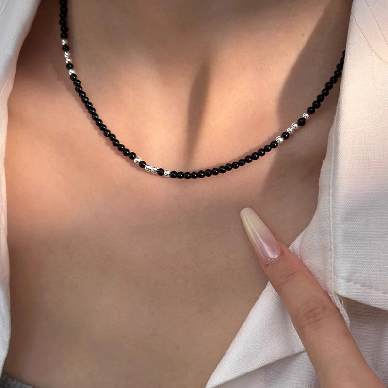 S925 sterling silver black agate bead necklace