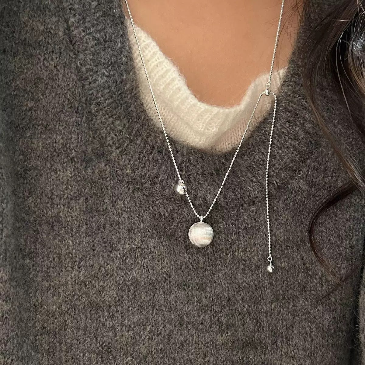 S925 sterling silver round ball pendant long necklace
