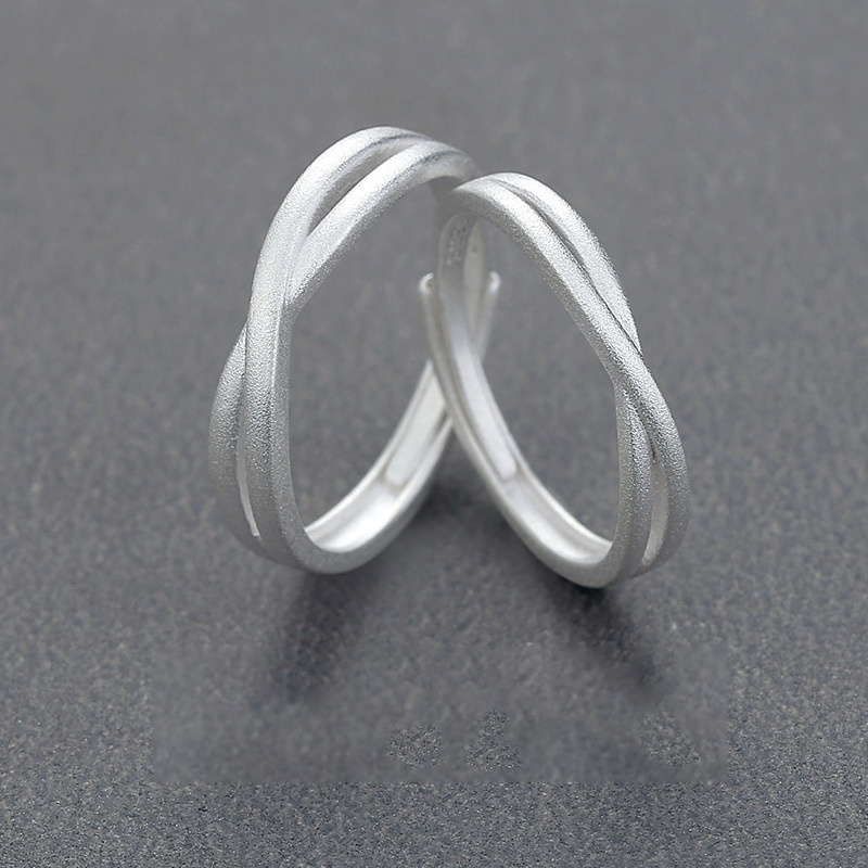 999 Silver Matte Texture Couple Ring - Silvery