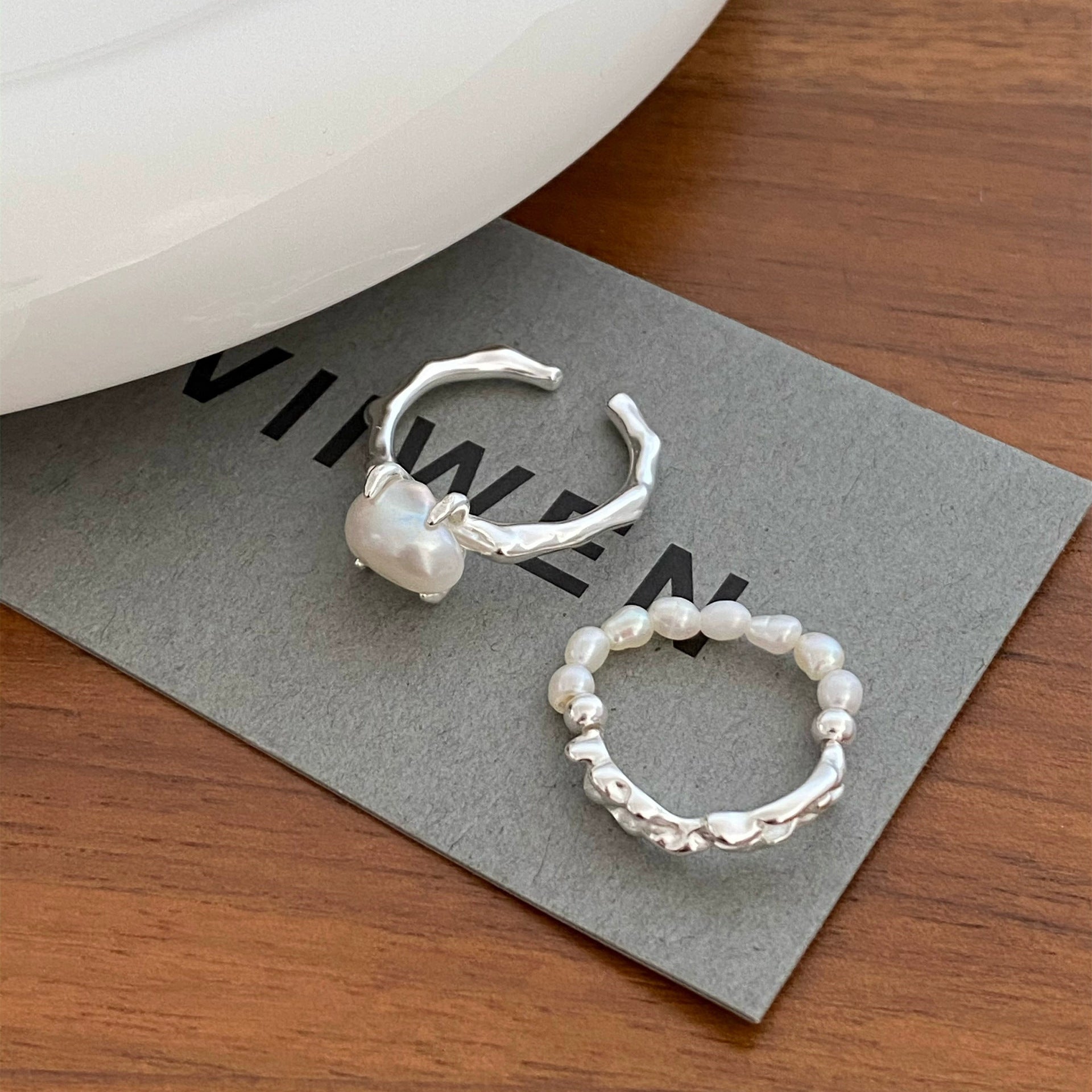 925 sterling silver Baroque pearl ring - silvery