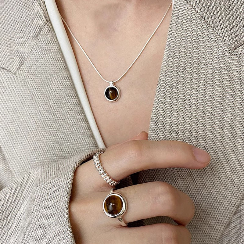 925 sterling silver tiger eye stone opening ring - silvery