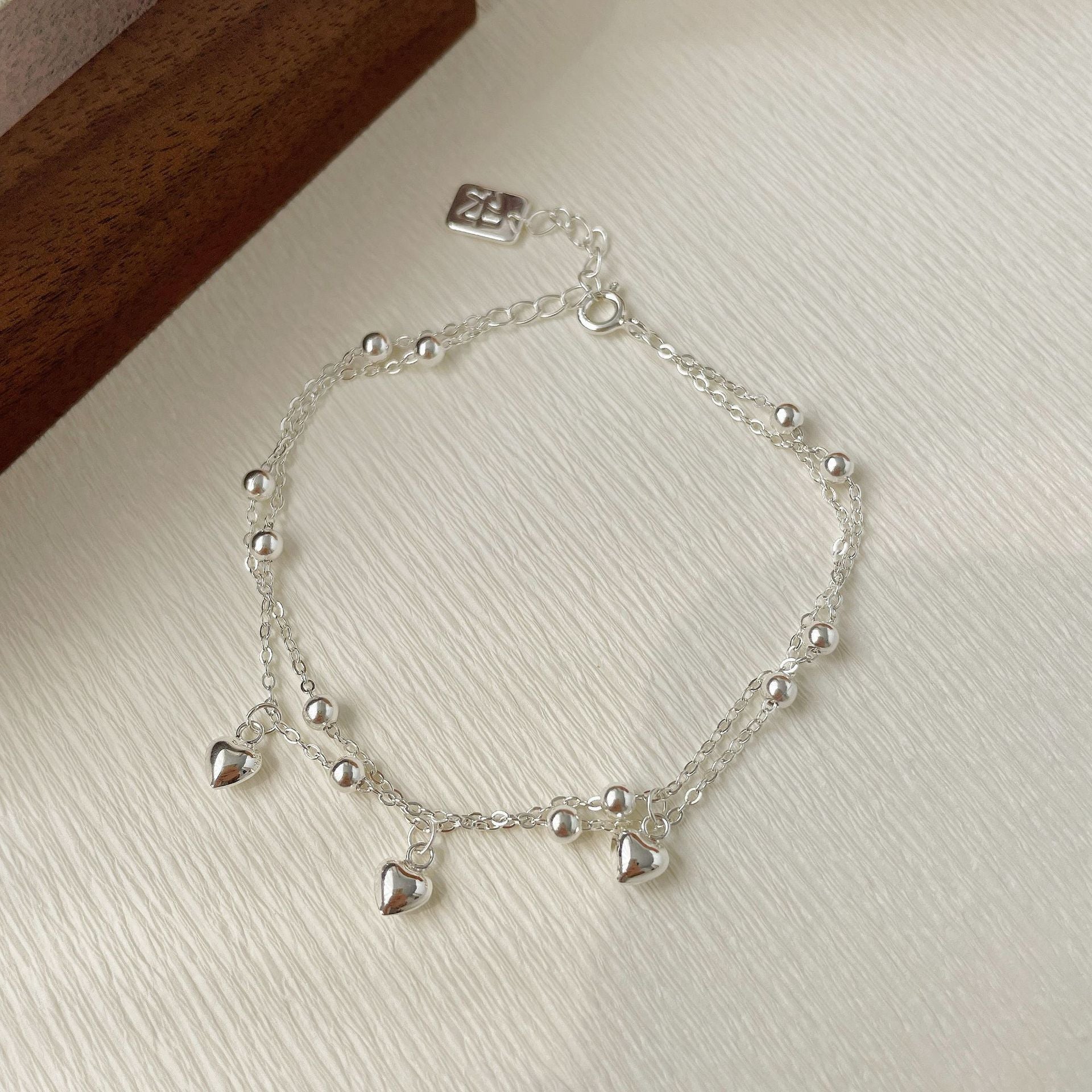 925 Silver Double layered Heart Pendant Bracelet - Silvery