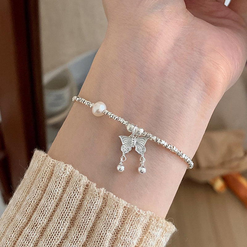 S925 Pure Silver Freshwater Pearl Butterfly Bracelet - Silvery