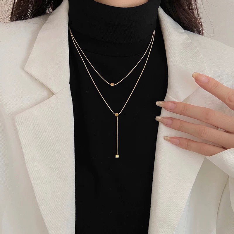 S925 sterling silver double-layer long necklace - golden