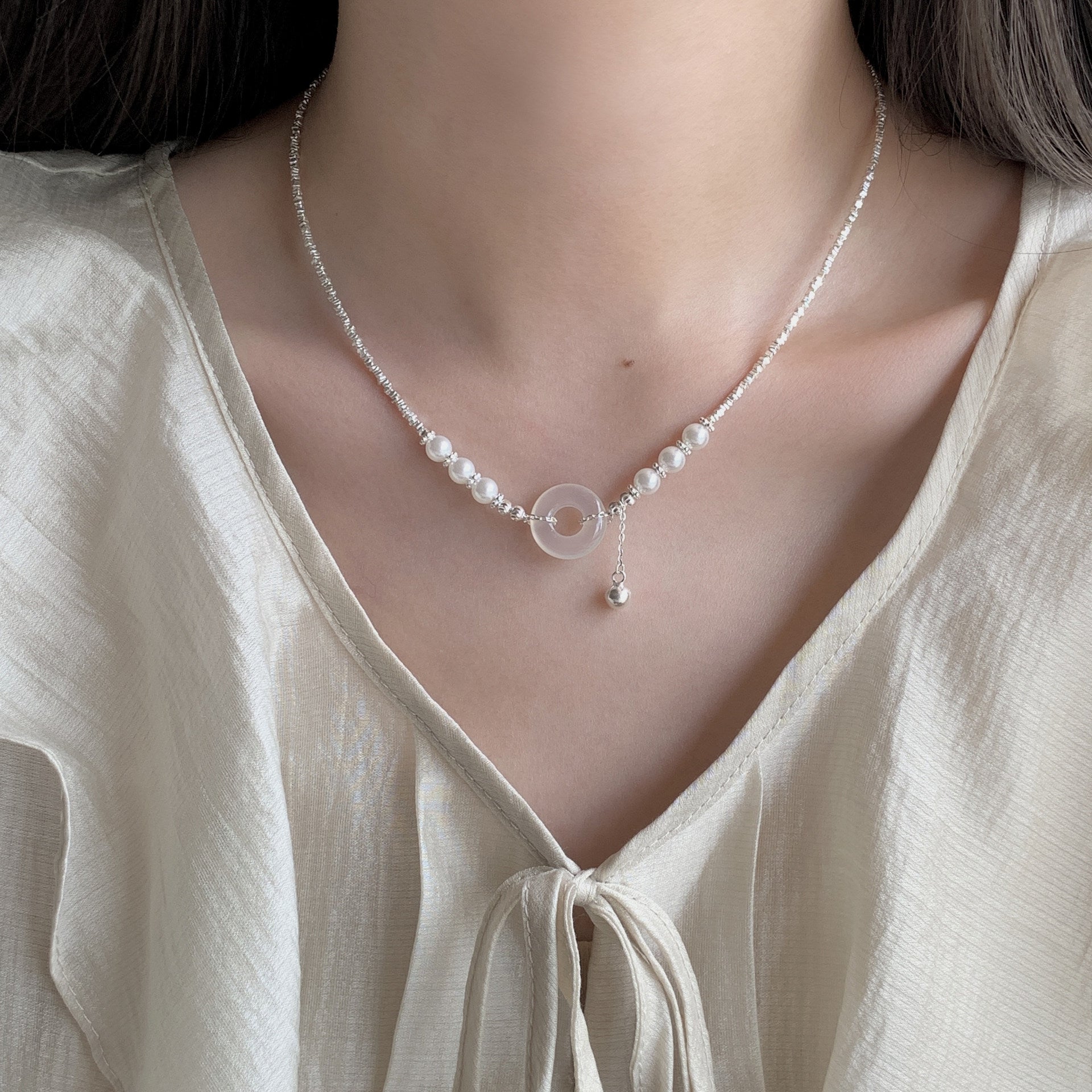 925 sterling silver chalcedony pendant necklace - silvery