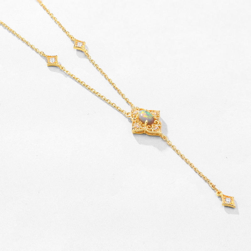 S925 Silver Plating 9K Gold Retro Petal Lace Natural Opal Necklace