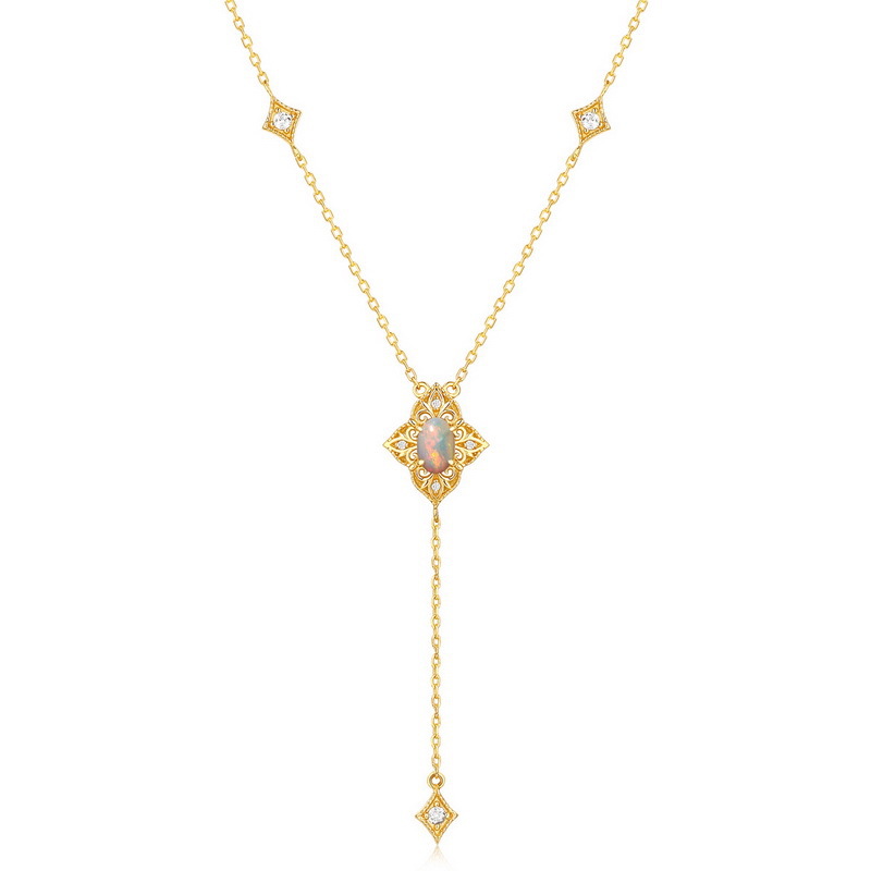 S925 Silver Plating 9K Gold Retro Petal Lace Natural Opal Necklace