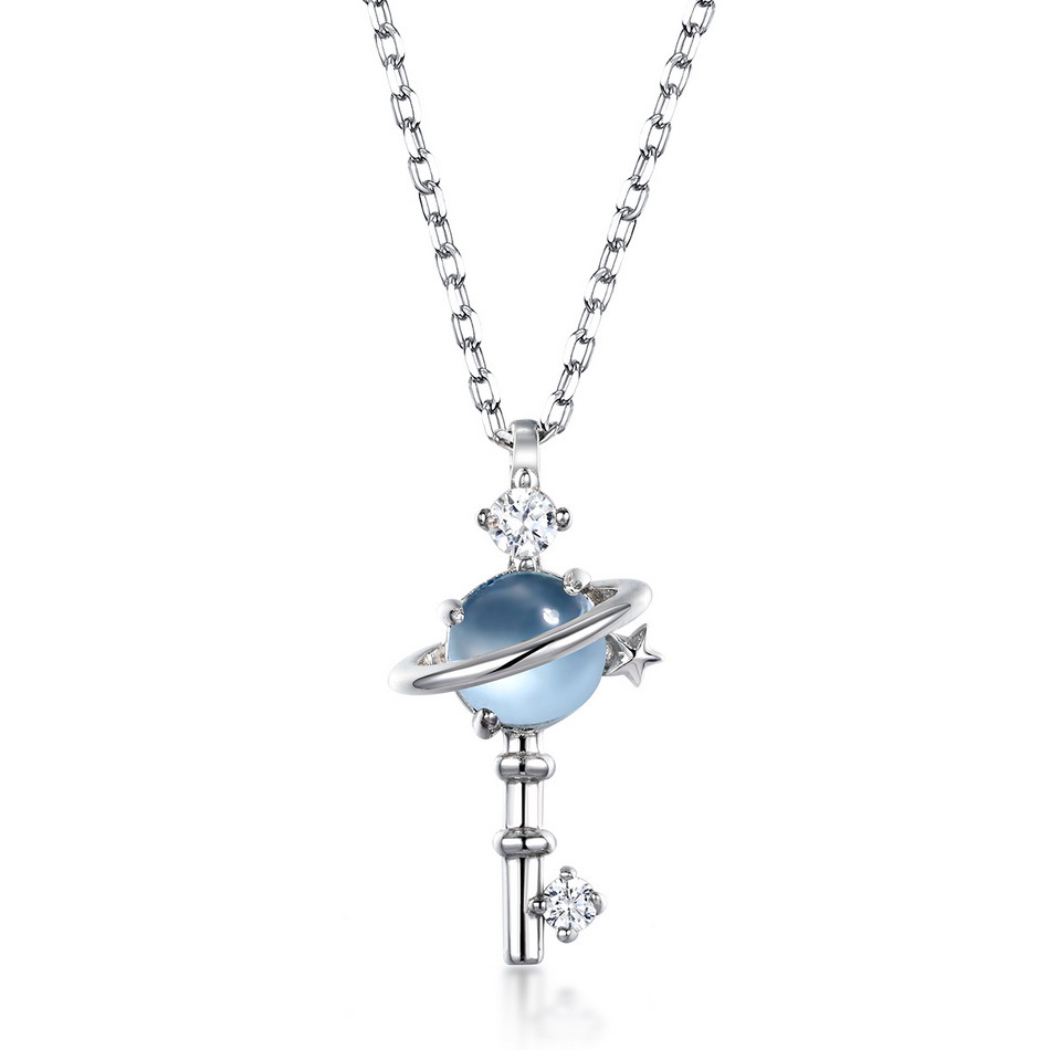 S925 Sterling Silver Sky Blue Topaz Planet Zircon Necklace