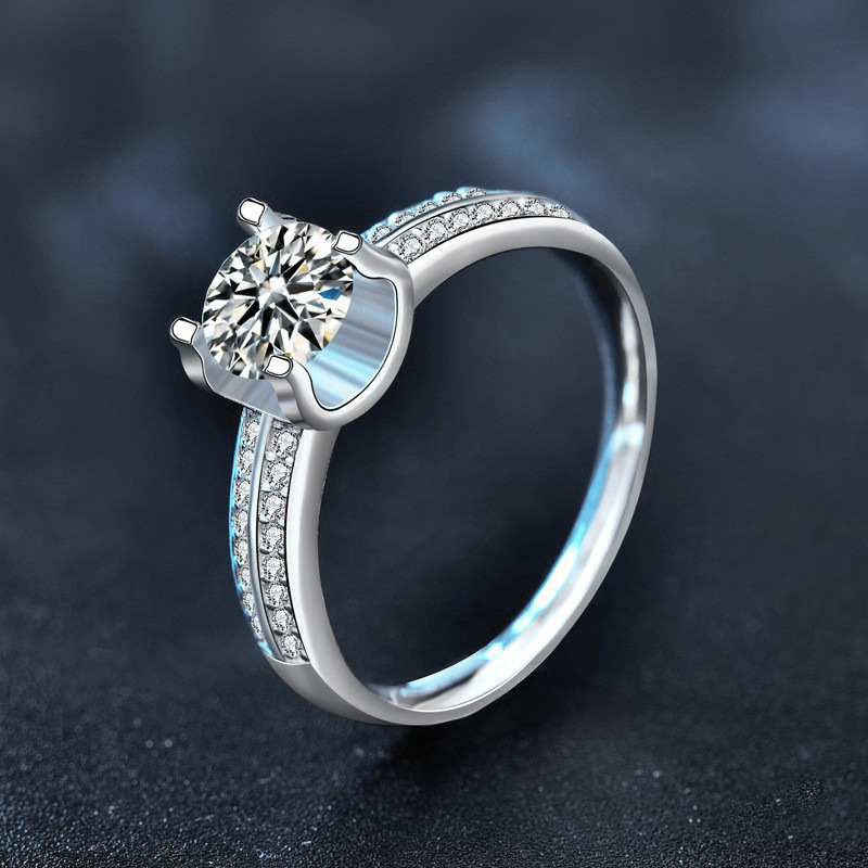 S925 Sterling Silver Center Moissanite with Double Row Diamond Accent Halo Vow Ring