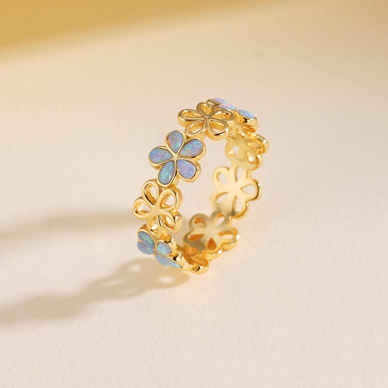 925 Sterling Silver Openwork Floral Opal Ring