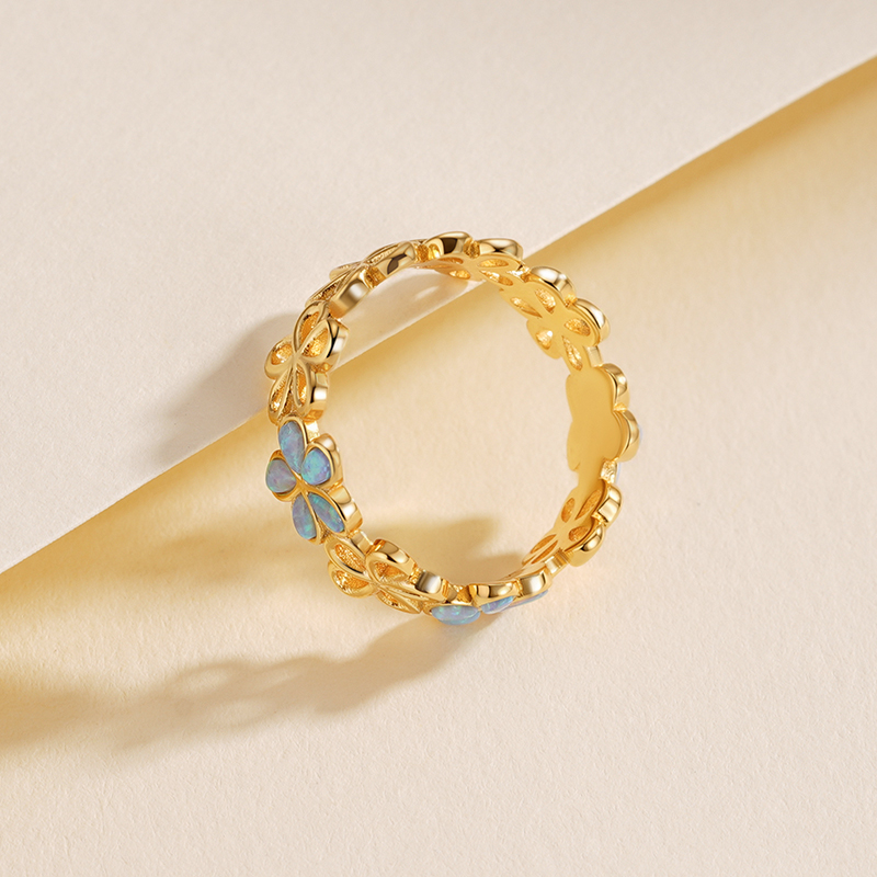 925 Sterling Silver Openwork Floral Opal Ring