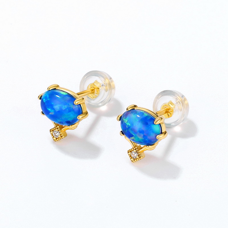 S925 Sterling Silver Gold-Plated Blue Opal Vintage Zircon Earrings