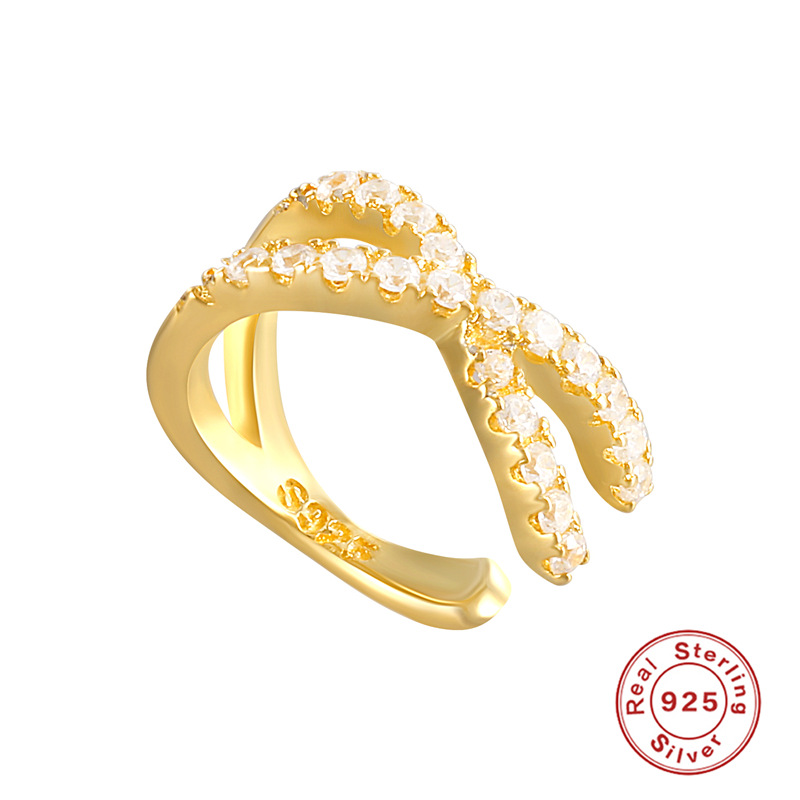 S925 Sterling Silver Double-Layer Zircon-Inlaid Crisscross Single Ear Cuff (Non-Pierced)