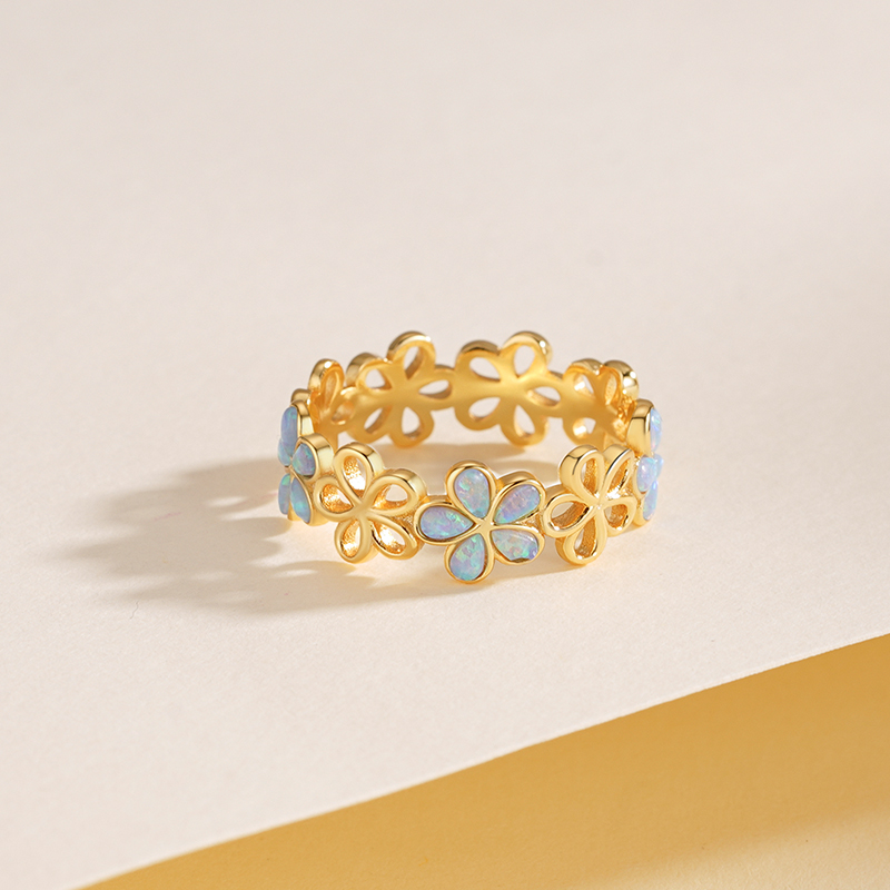 925 Sterling Silver Openwork Floral Opal Ring