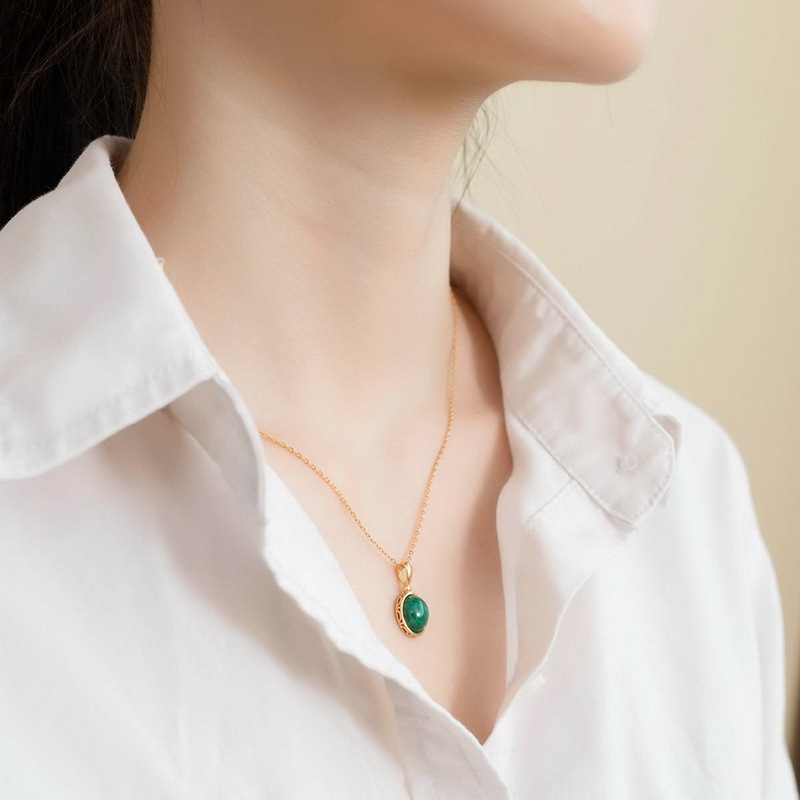 S925 Sterling Silver Gold-Plated Natural Malachite Geometric Pendant Necklace